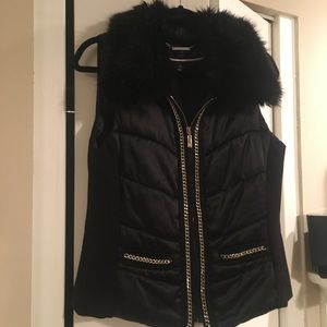 WHBM Black Zip Vest with Detachable Fur Collar